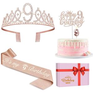 9th Birthday Decorations for Girl Including Sash, Crown, Numeral Candle and Cake Topper, 9 Year Old Girls Party Favor Supplies