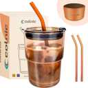 Iced Coffee Cup, 15 oz Glass Cups With Lids And Straws, Iced Coffee Glasses Tumbler, Thick Wall Mug For Tea Water With 2 Straw And Leather Sleeve, Glass Tumbler Gifts (Amber)