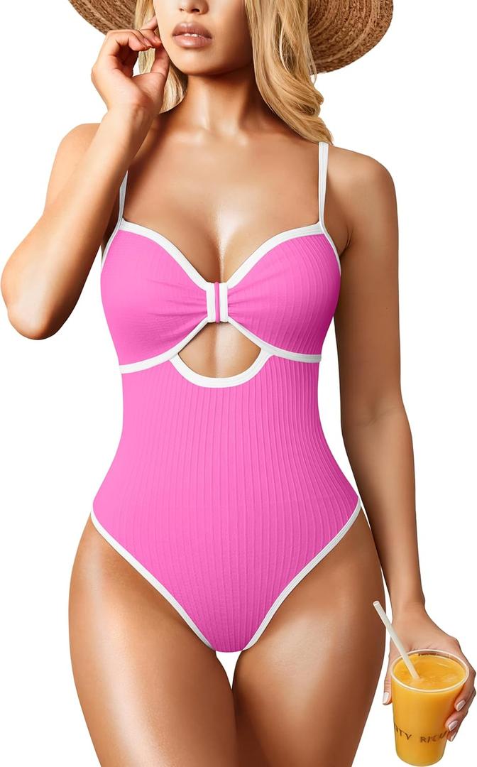 OQQ Womens One Piece Swimsuit Cutout Push Up Tummy Control Bathing Suit with Adjustable Straps (Pink, M)