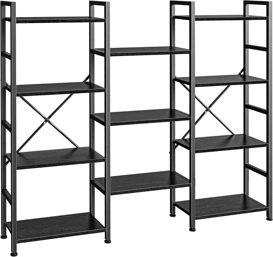 SUPERJARE Triple 4 Tier Bookshelf, Bookcase with 11 Open Display Shelves, Wide Book Shelf Book Case for Home & Office, Black