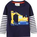 Toddler Baby Boy T-Shirt Long Sleeve Excavator Tops Crew Neck Kids Striped Patchwork Fall Infant Tees 2T