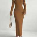 HUUSA Off The Shoulder Dress for Women 2025 Long Sleeve Bodycon Sexy Party Maxi Color Block Dresses (Brown, L)