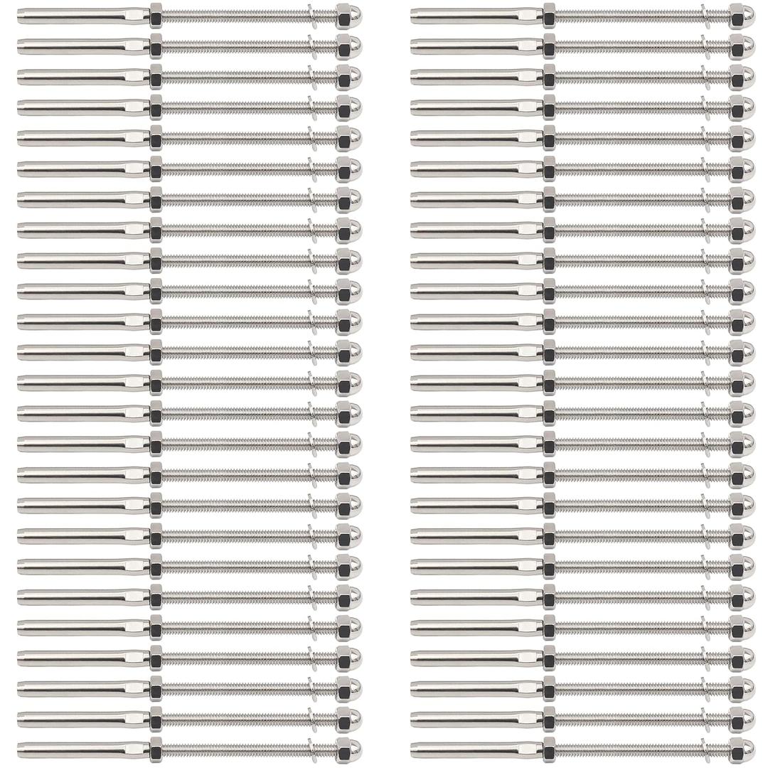 50 Pcs 3/16 Cable Railing Hardware System Kit, Swage Threaded Stud Tensioner Length 6" for 4x4 2x2 Wood Metal Post for Stair Deck Railing, End Fitting Terminal T316 Stainless Steel