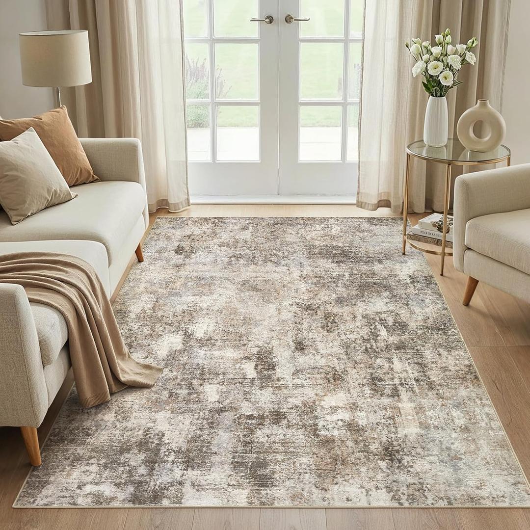 WITSHOCK Area Rugs 5x7 Living Room Rug - Washable Neutral Soft Low Pile Non-Slip Modern Abstract Thin Large Indoor Carpet for Bedroom Dining Room Nursery Office - Dark Brown
