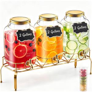 VEVOR Beverage Dispenser, 3 Pack 2 Gallon Drink Dispensers for Parties, Glass Juice Dispenser with Metal Stand, Stainless Steel Spigot, Infuser, Iced Tea Lemonade Juice Water Dispensers for Parties