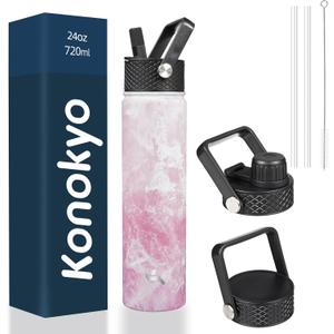 Konokyo Insulated Water Bottle 24oz Stainless Steel Sport Bottles with 3 Lids,Marble Blossom