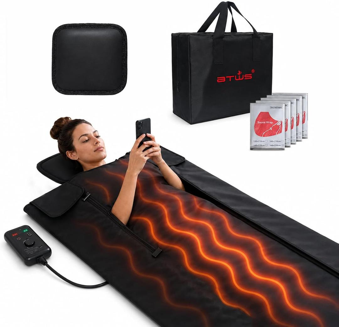 Infrared Sauna Blanket –Low EMF Safe with Support Pillow,Size 6 ft x 2.6 ft,Durable PU Leather Cover Detox & Relaxation at Home Adjustable Timer,5 Pcs Detox Bags,Gifts for Family, Full Body