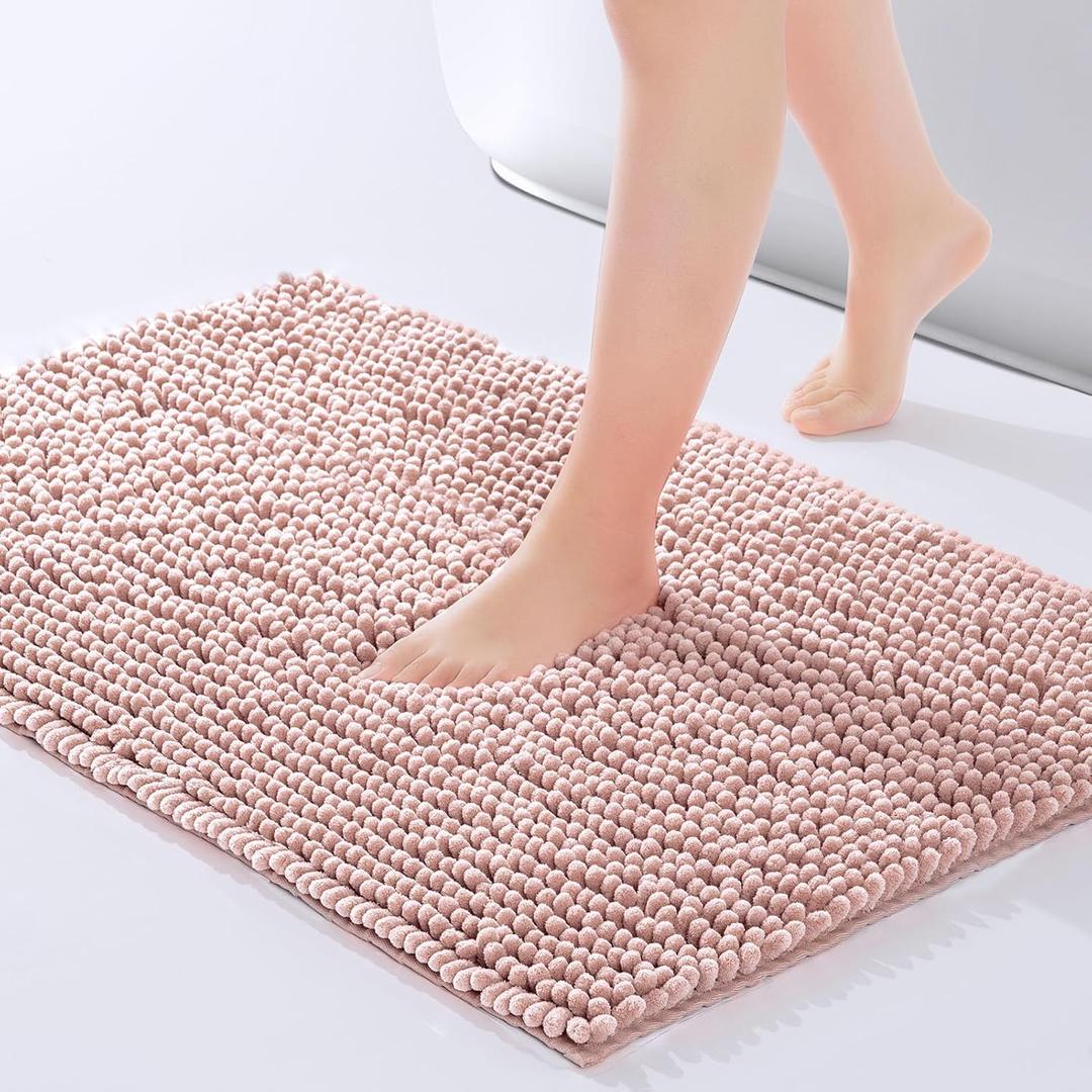 FRESHMINT Chenille Bathroom Rugs Mat 32x20, Non-Slip Bath Mat for Bathroom Floor & Bathtub, Washable Soft Shower Shag Bath Rugs, Fluffy Thick Water Absorbent Microfiber Shower Mat, Dusty Pink (1'8" x 2'8" (Rectangular))