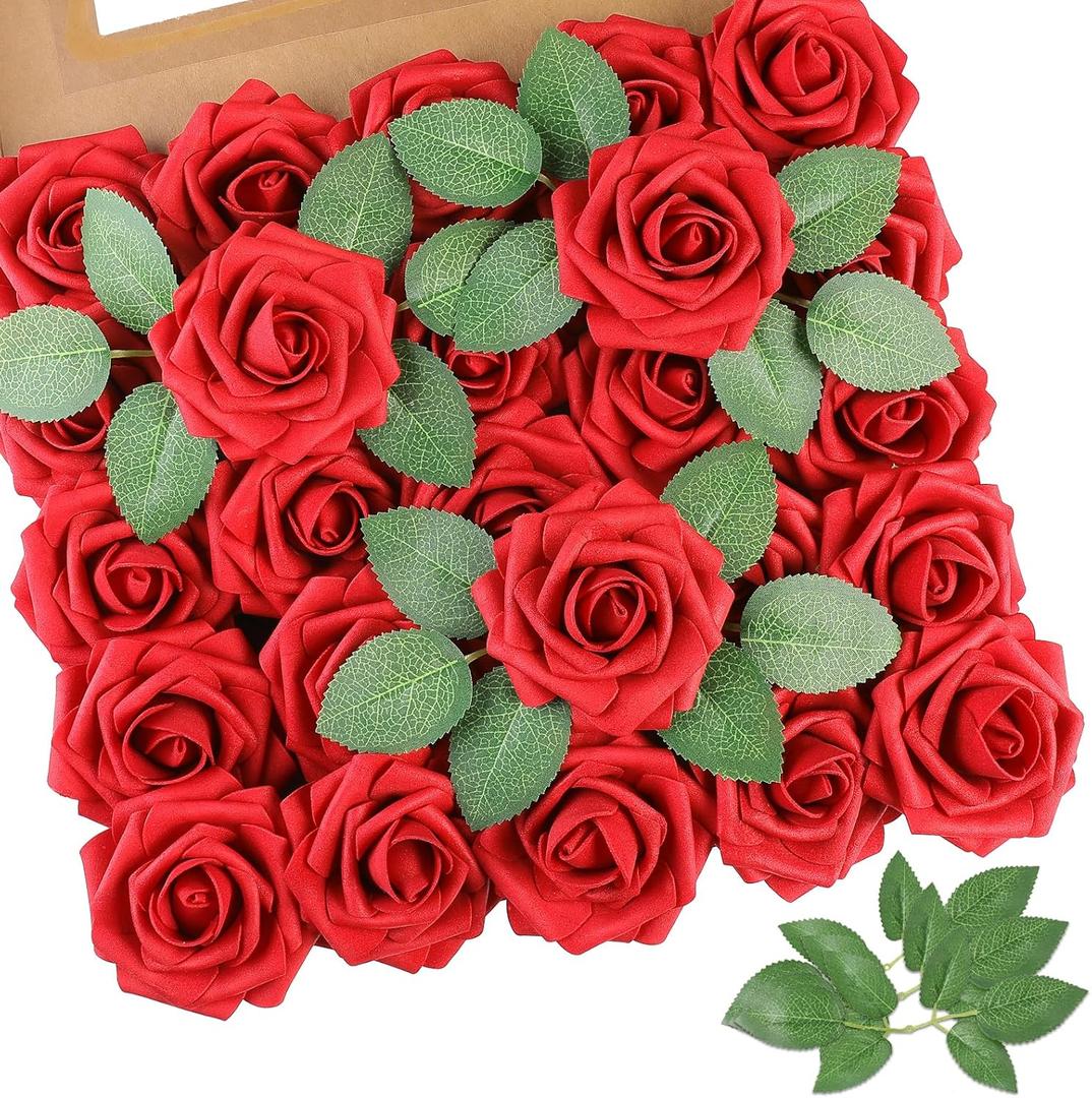 AmyHomie 25pcs Real Looking Artificial Red Roses w/Stem for DIY Wedding Bouquets Centerpieces Arrangements Party Baby Shower Valentines Day Christmas Tree Decorations