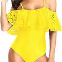 Tempt Me Women One Piece Off Shoulder Lace Swimsuits Ruffle Flounce Hollow Bathing Suits Yellow XL