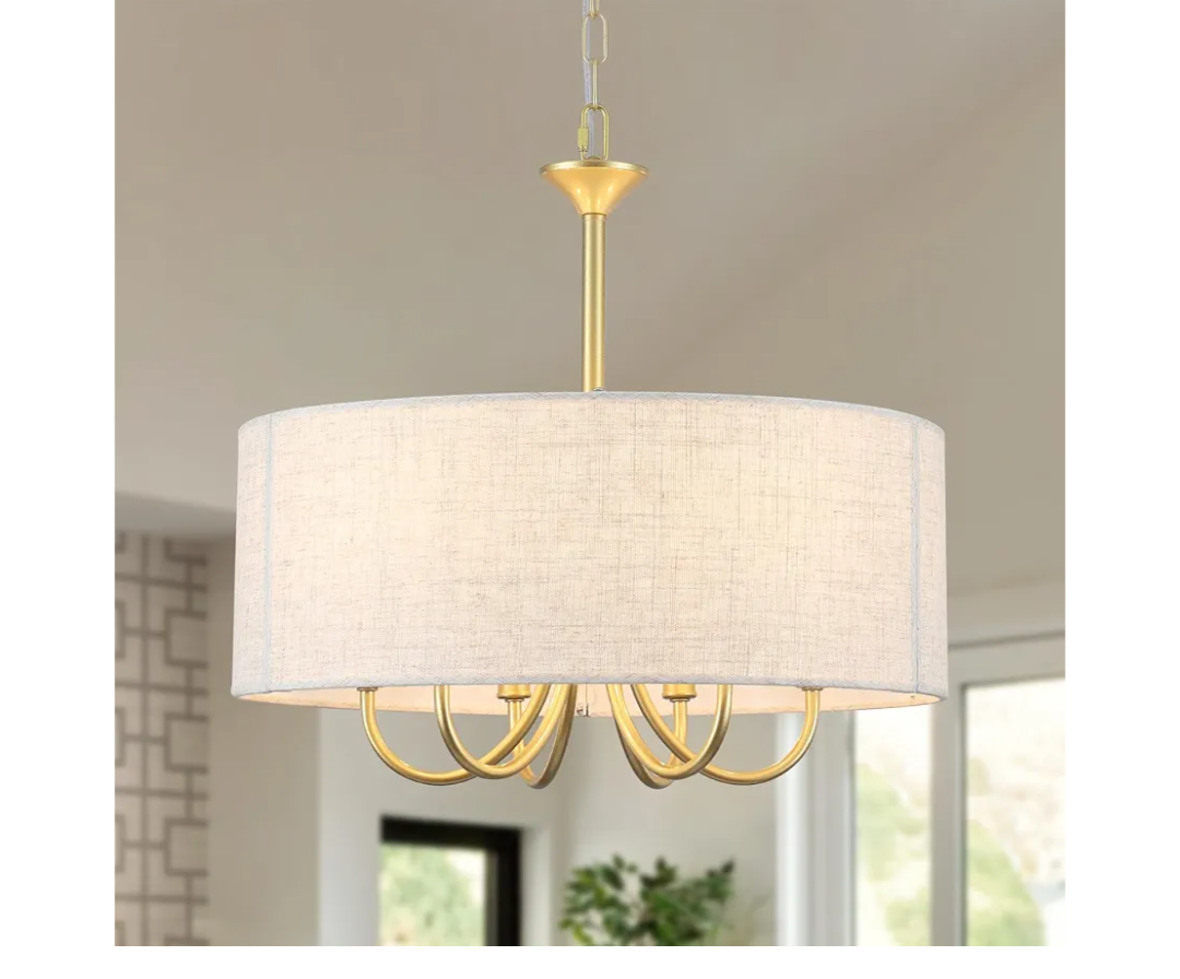 6-Lights Gold Drum Chandelier for Dining Room, 18" Modern Farmhouse Chandelier with White Linen Shade, Height Adjustable Hanging Light Fixture for Kitchen Island Bedroom Living Room Entryway