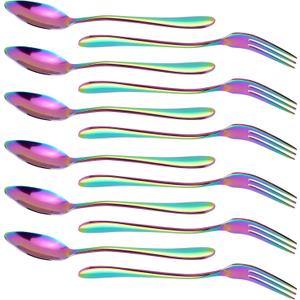RETON 12 Pcs Dessert Forks and Spoons Silverware Set, Stainless Steel Rainbow Mini Forks and Spoons, Small Appetizer Cocktail Fruit Forks, Mini Coffee Spoons Teaspoon for Kitchen (6+6)