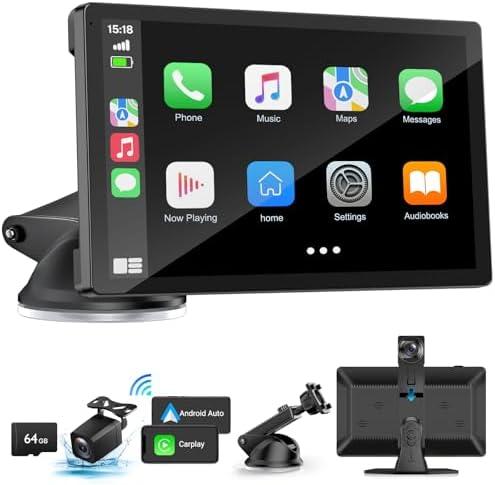 Wireless Carplay Screen for Car with 4K Dash Cam, 9" Portable Carplay & Android Auto, Component Subwoofer, Touchscreen with 1080p Backup Camera, GPS Navigation/Voice Control/BT/Mirror Link/FM