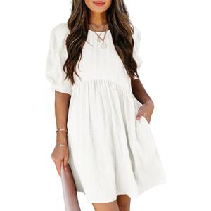 Dokotoo Womens Summer Crewneck Puff Sleeve Babydoll Elegant Empire Waist Mini Swing Skater Dresses with Pockets (Small, 1 White 2)