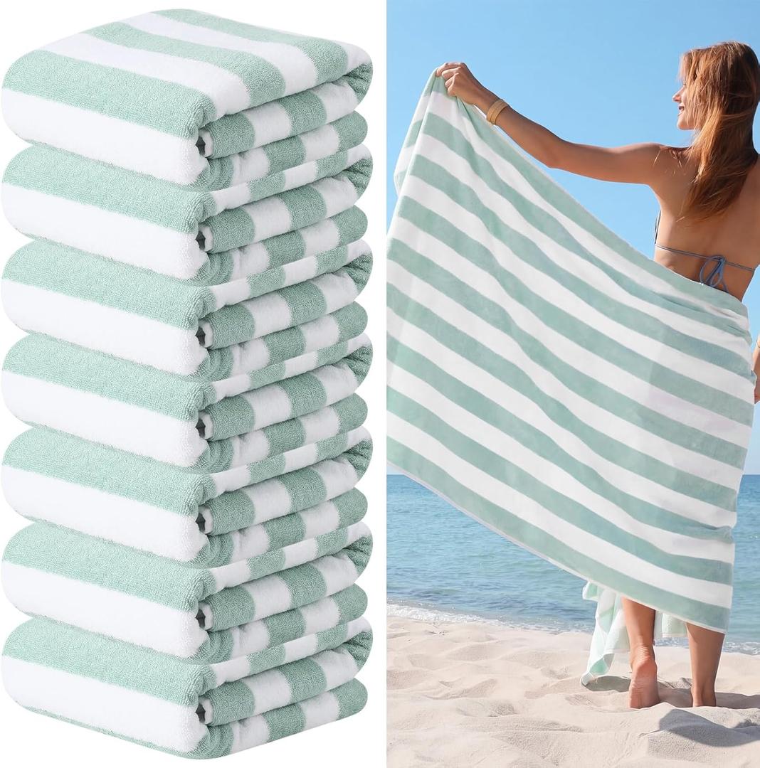 EBOOT 7 Pieces 100% Cotton Pool Beach Towels 30 x 70 Inch Cabana Stripe Oversized Basics Turkish Pool Bath for Hotel Swimming Bathroom(Mint Green)