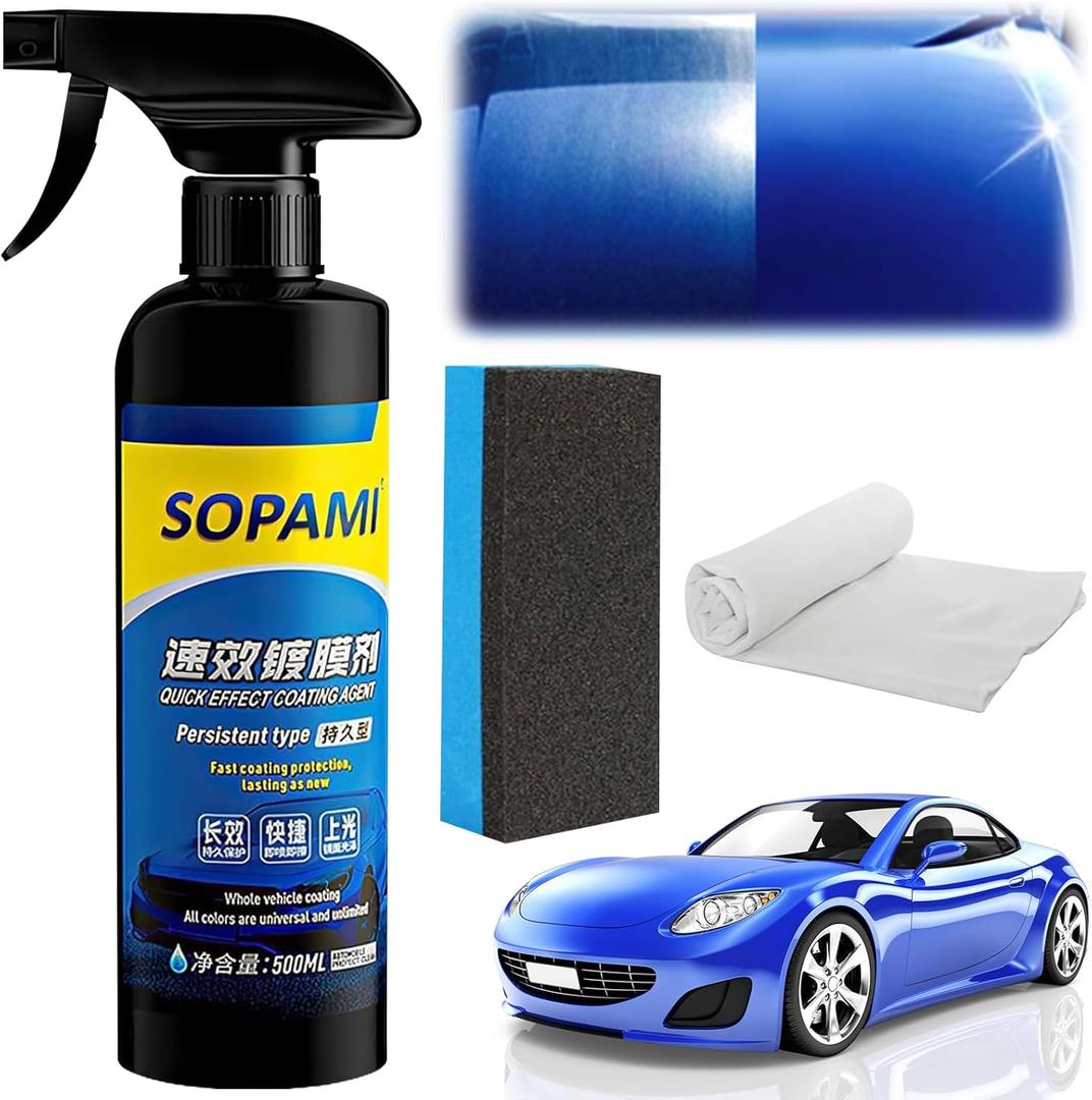 Sopami Car Coating Spray, 17.6 oz Quick Effect Coating Agent, Oil Film Emulsion Glass Cleaner, Polish Spray Waterless Wash Wax, Spray Wax Polish for Car Scratches(1PC+Sponge+Cloth)