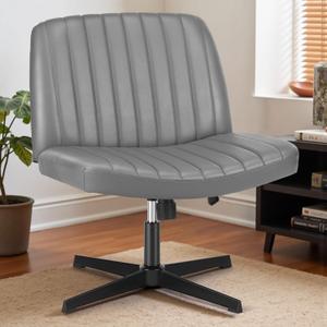 DUMOS Criss Cross Chair Wide Cross Legged Office Desk Vanity Chair PU Leather Armless Adjustable Swivel Chairs for Home Computer Task (Slate Gray)