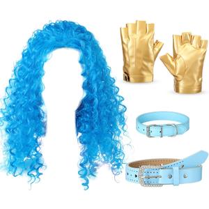 4 Pcs Halloween Costume Accessory Blue Curly Wig and Leather Choker PU Leather Belt Punk Gloves for Women Adult Cosplay