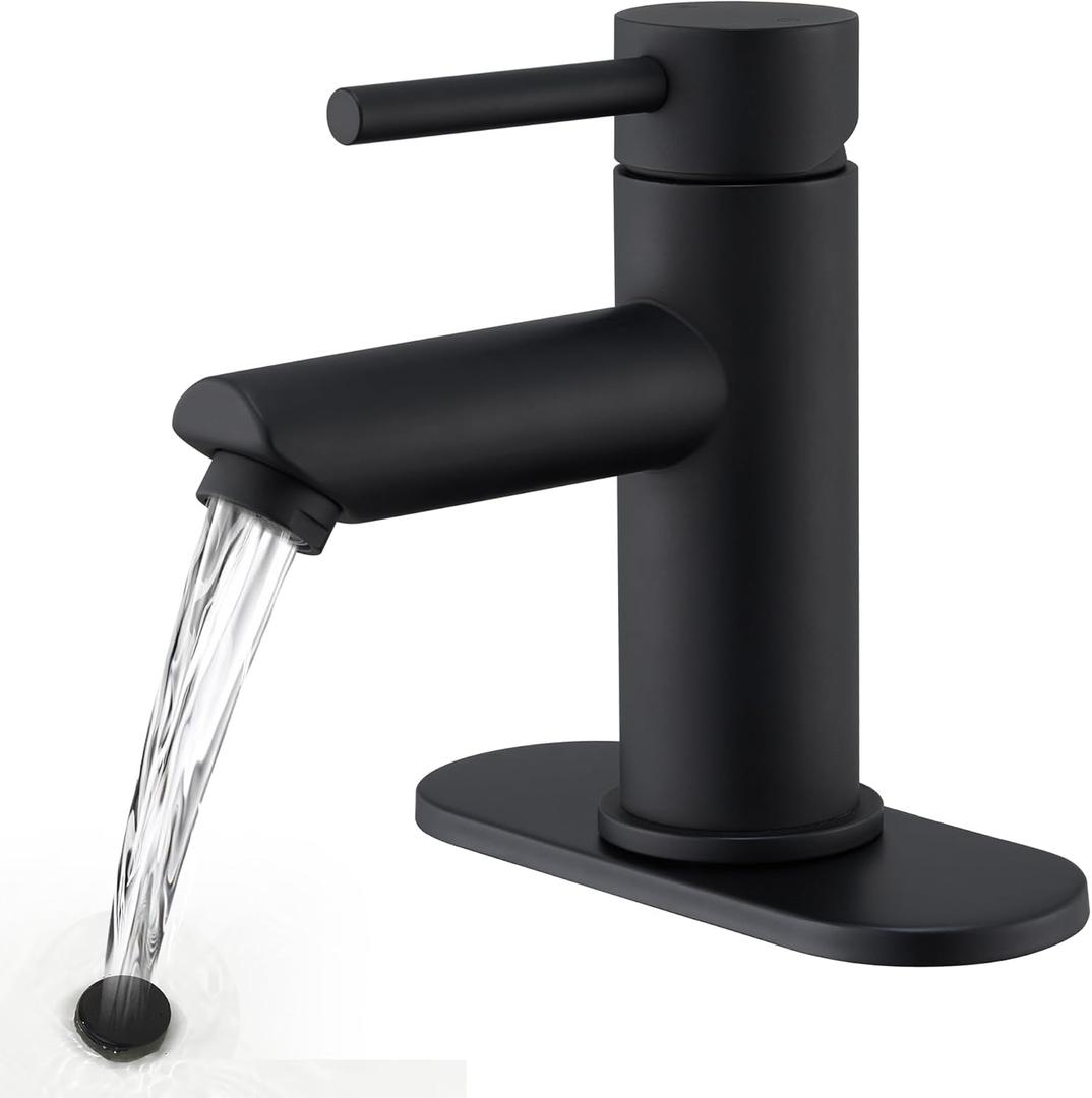 KPW Bathroom Sink Faucet Matte Black, Single Handle Stainless Steel Deck Mount, 1 or 3 Hole, with Pop-Up Drain with Overflow (4 Inch)