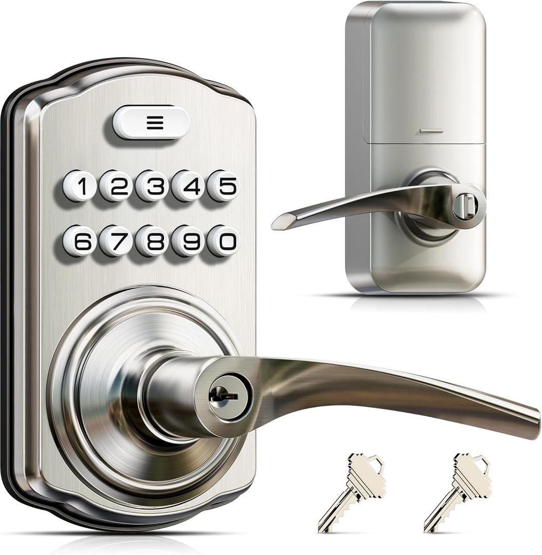 Veise Keypad Door Lock with Handle, Keyless Entry for Front Door & Bedroom, Electronic Lock with Code, Auto-Locking, Easy Installation, Passage Mode, Satin Nickel