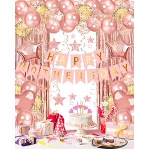 Lutoys Rose Gold Happy Mothers Day Decorations, Happy Mother’s Day Banner, Rose Gold Foil Heart Star Confetti Balloons Curtain Backdrop Hanging Swirls Party Decor for Mom Women