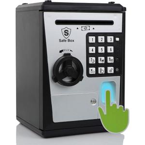 Lyght Mini ATM Savings Bank for Real Money, Electronic Voice Piggy Banks, Fingerprint Password, Kids Safe Box, Cool Stuff Gift for Boys and Girls Silver/Black