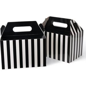 30 Pcs Large Treat Boxes with Handles Black and White Stripes, 9x6x6 Gable Gift Boxes Barn Carry Out Box Recyclable Paper Packaging for Graduation Lunch (1 Count (Pack of 30), Pop-up Black)