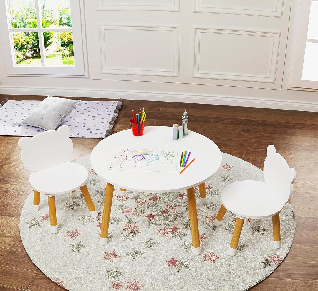 UTEX Kids Wood Table and Chair Set, Kids Play Table with 2 Chairs,3 Pieces Wood Round Table for Toddlers, Girls, Boys,White