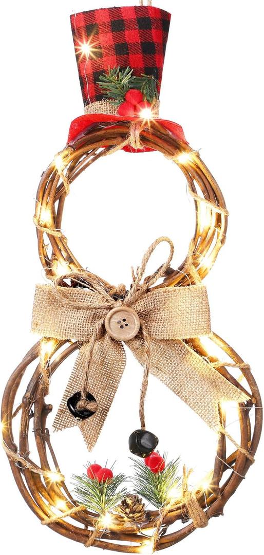 Christmas Lighted Wreath Decoration Snowman Large Christmas Grapevine Wreath with Hat and Bow Xmas Wall Hanging Ornament for Xmas Front Door Home Wall Decor, Battery Operated (16 x 8 Inch)