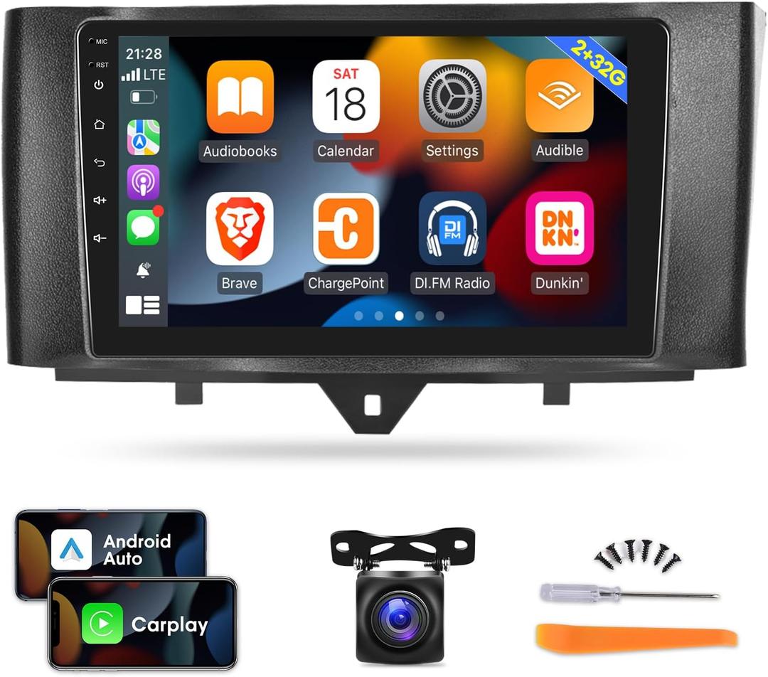 [2G+32G] Car Radio for Mercedes Benz Smart Fortwo 2011-2015, 9 inch Android Touch Screen Car Stereo, Carplay/Android Auto/1080P/Bluetooth/WiFi + AHD Backup Camera + MIC