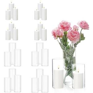 PNJHDZ 12 Pcs White Pillar Candles and Glass Candle Holders, Clear Cylinder Vases Pillar Candle Holders for Pillar Candles, Hurricane Candle Set for Wedding Party, Event, Home Office Decor