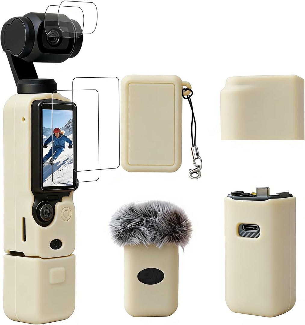 Case for DJI Osmo Pocket 3/Xtra Muse Camera, Soft Silicone Protective Case, Anti-Scratch, Slim Fit Skin with mic Cover and Screen Protector Accessories for Osmo Pocket 3/Xtra Muse (Beige)