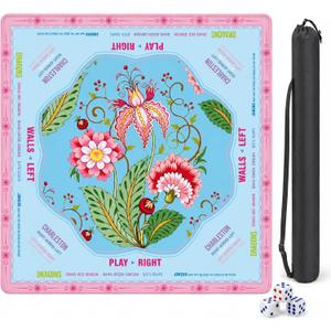Blue Floral Mahjong Mat 31.5" x 31.5" with American Mahjong Rules, Ships Rolled Table Mat, Non-Slip Noise Reducing Gaming Mat with Carry Bag & Dice, Mahjong Accessories Gift for Women/Men