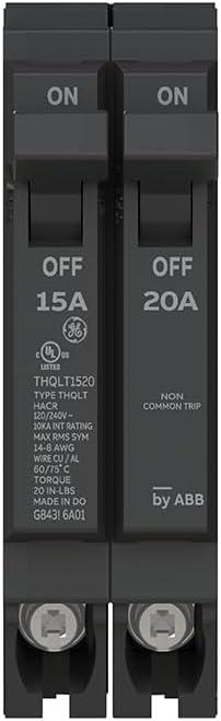 ABB Q-Line THQLT1520 Tandem Circuit Breaker  15A/1P & 20A/1P Dual Circuit Breaker for Single Slot  120/240V, 10 kAIC  Space-Saving Plug-in Mount  Durable & Safe with Fixed Trip Settings