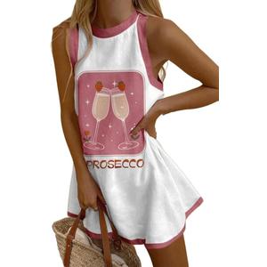 Women's Tank Dress Summer Casual Short Dresses Crew Neck Sleeveless Novelty Floral Printed Loose Aline Sundress (Small, Pink)