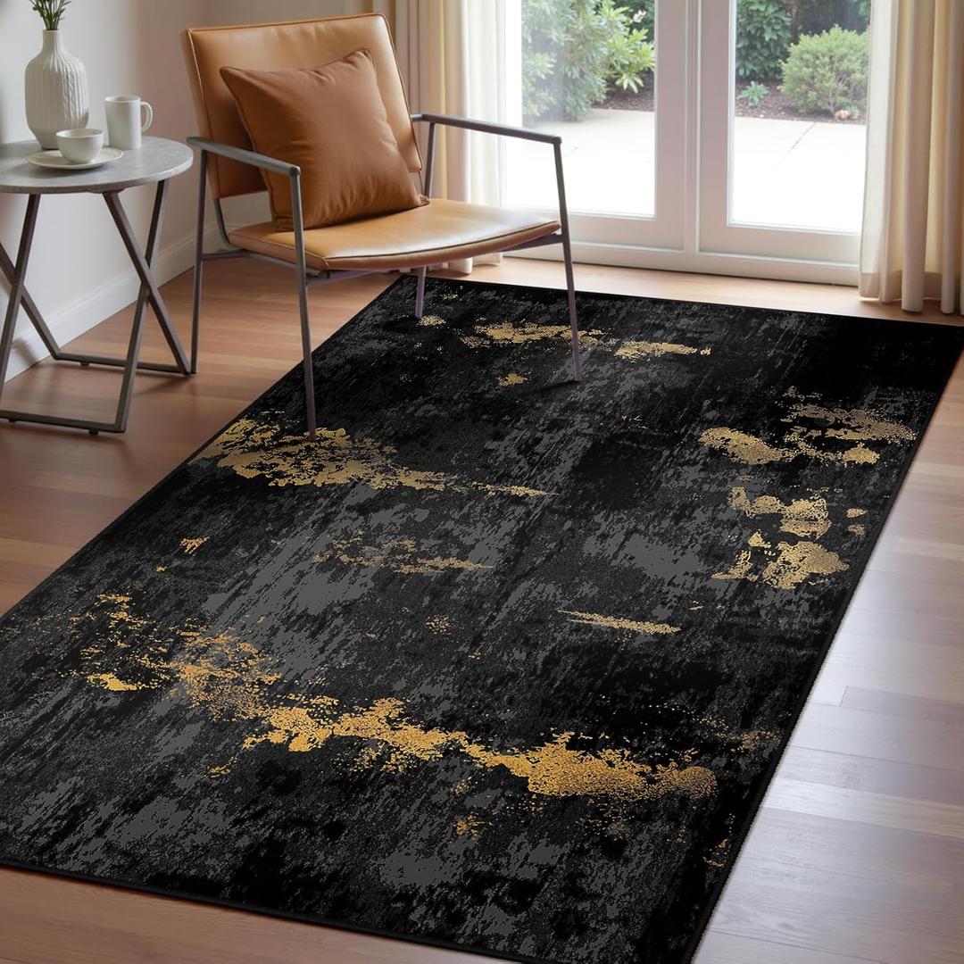 Washable Area Rugs 3'x5' Non-Slip Modern Abstract Soft for Living Room Entryway Bedroom Nursery, Print Pattern, Dark Black Gold