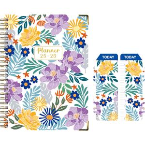 2 x Daily Planner 2025-2006, Weekly & Monthly Planner,July 2025 - June 2026 Day Planner, 6.2 x 8.25 Flexible CoverWirebound Note Pages with Monthly Tab, Back Pocket, Premium Paper,(Flower B09)