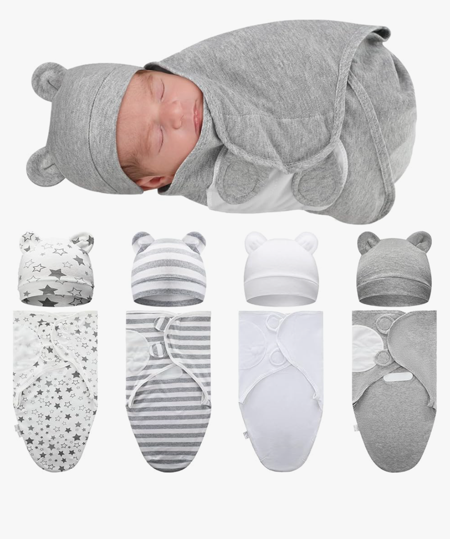 Buryeah 4 Pack Preemie Swaddle Blanket Wrap Set with Hat for Baby Boys Girls 3-7 Lbs Preemie Newborn Clothes Sleepers Cap