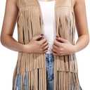 UpFind Women's Khaki Fringe Vest Cowgirl Western Vest 60s 70s Hippie Faux Suede Tassel Jacket Country Concert Outfits, Small