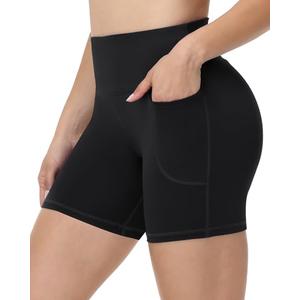 Runhit Womens Biker Shorts with Pockets - 5'' High Waist Yoga Workout Gym Athletic Compression Spandex Tummy Control Shorts Black L