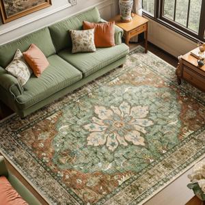 Area Rugs 8'x10' Washable Non-Slip, Floral Vintage Distress Print Pattern Medallion Carpet for Living Room Bedroom Dining Room, Brick Red Rust Neutral Brown Burnt Orange Green 