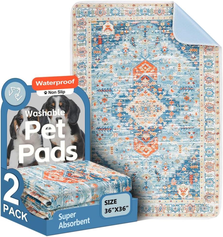 Washable Pee Pads for Dogs 2 Pack Reusable Puppy Training Pads 36"x36" Super Absorbent Waterproof Dog Training Pads, Non-Slip Potty Pads Whelping Pads Litter Mat Pet Supplies - Blue/Mix