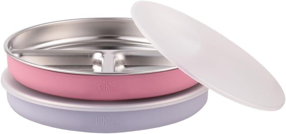 Elk and Friends Stainless Steel Divided Plates + Silicone Sleeve and Storage Lid | Baby, Toddler, Kids | Dinner & Snack Plates | 2 Pack (Lilac/Blush)