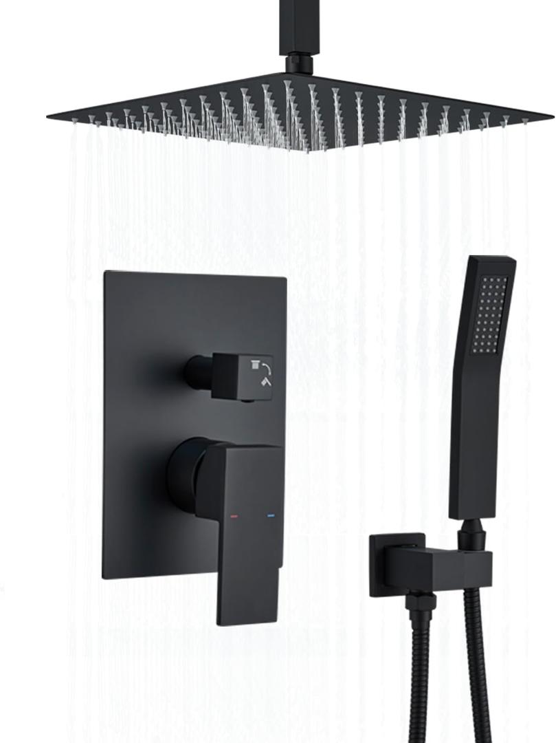 Shower Faucet Set Matte Black Shower System,RomceBath Shower Pressured Balance Brass Valve and Trim Kit 10 Inch Shower Head and Bath Handle Combo set Ceiling Mount Tub and Shower Faucets Sets Complete