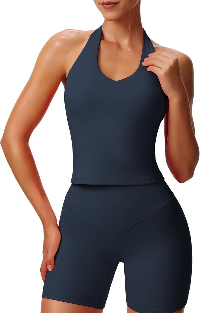 Aoxjox Women's Sleeveless Hailey Halter Tank Tops Workout Athletics Gym Yoga Curve Longline Crop Top (Large, Blueberry)