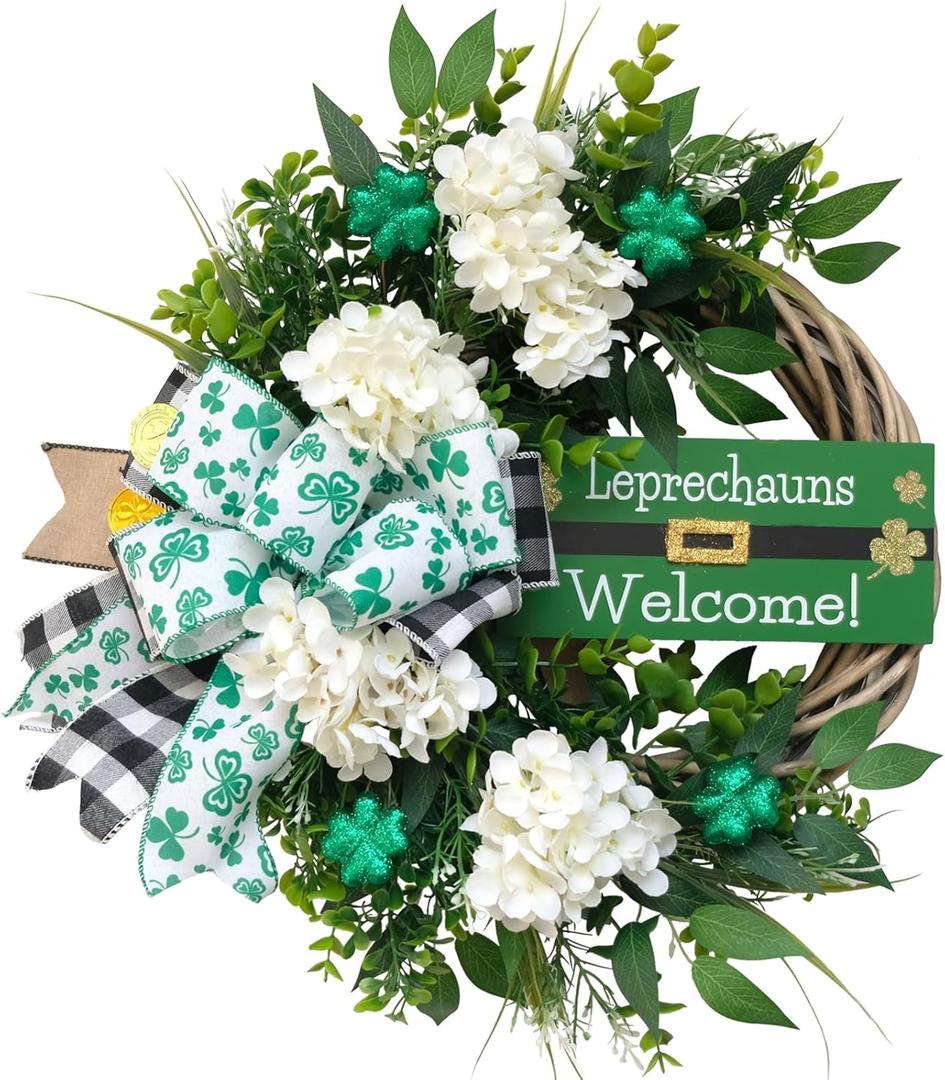 18" St. Patrick's Day Shamrocks Wreath for Front Door Artificial Clover Wreath with Hydrangea Green Leaves Bow Welcome Board for Irish St. Patrick's Day Decoration Home Spring/Summer Decor