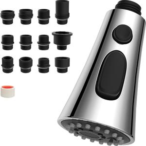 Hibbent 3-Function Pull Down Kitchen Faucet Head Replacement with 12 Adapters, NSF/ANSI/CAN 61 & CUPC Certified Sink Spray Nozzle, Compatible with Moen, Delta, Kohler Faucets, Chrome