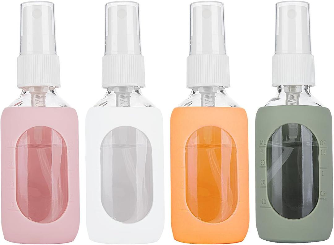 HOMBYS Empty Clear Glass 2oz Small Spray Bottles with Silicone Sleeve Protection - Refillable Containers for Travel, Cleaning Solutions, Essential Oils, Sanitizers - Fine Mist Spray - 4 Pack-Clear (Pink, White, Orange, Army Green)