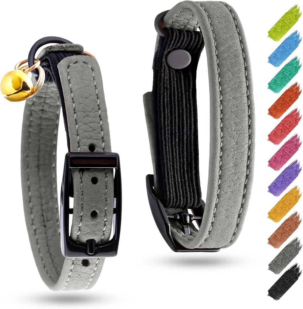 Leather Cat Collar with Bell and Safety Elastic Strap Breakaway Alternative for Kittens, Stylish Pet Leather Collar for Boy, Girl Cats with Metal Buckle & QR ID Tag (Gray)