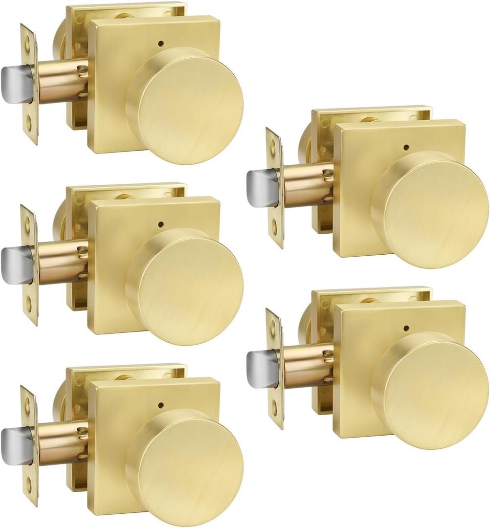 Goldenwarm Privacy Gold Door Knobs Interior, Zinc-Alloy Heavy Duty Brushed Gold Interior Door Knobs Bedroom, Contemporary Brass Door Knob Privacy (5 Pack)